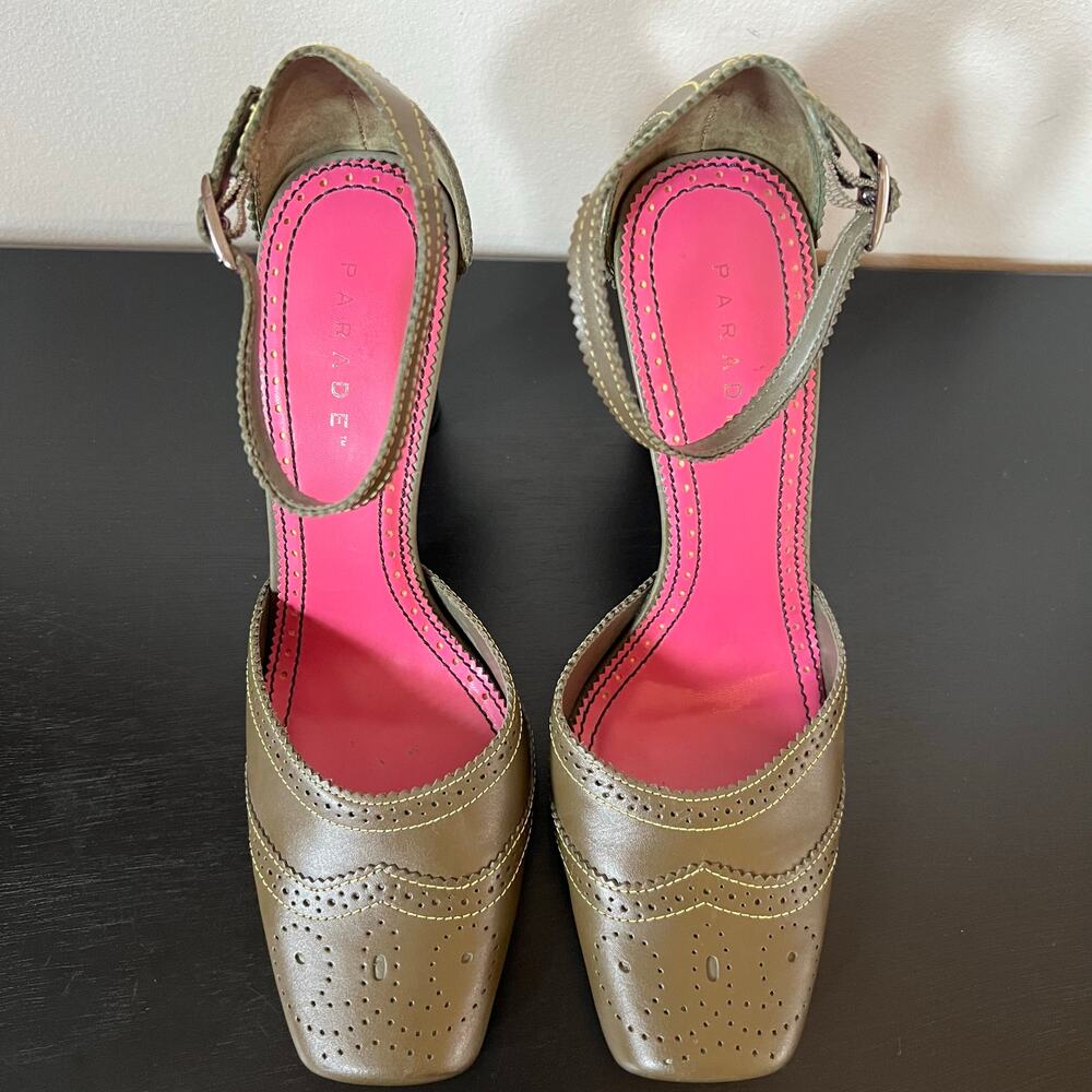 Rampage Olive Green Leather Square Toe Brogue Ankle Strap Heels 8 - Picture 2 of 5